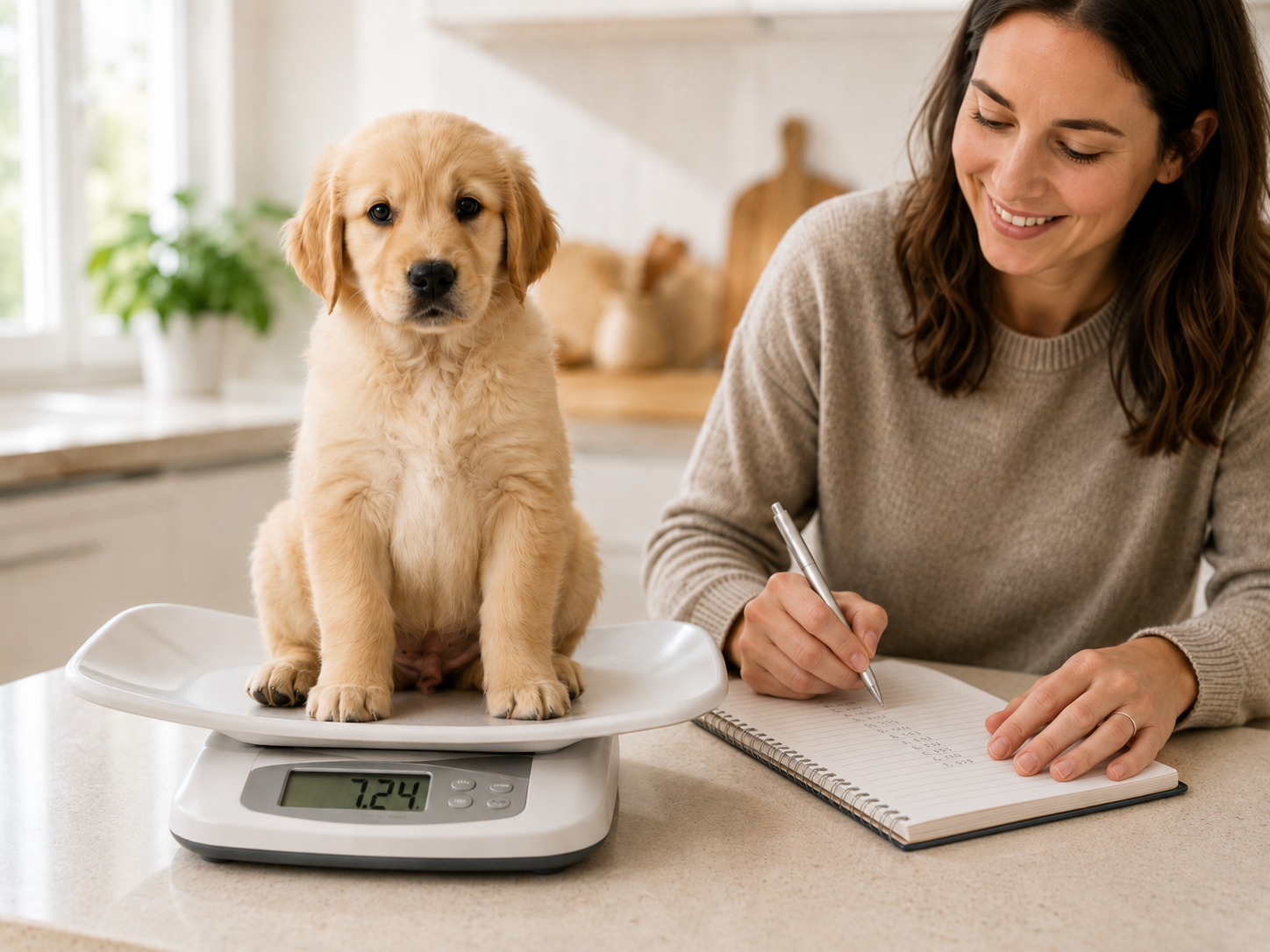 Owner recording a puppy's weight to track growth.