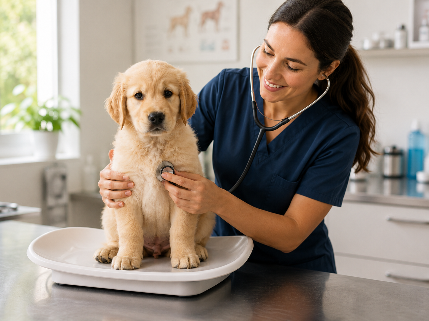 Vet examining a puppy during a health check.