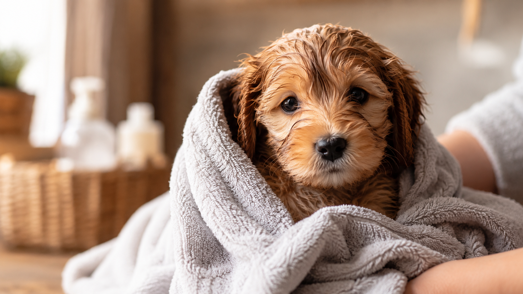 Young puppy wrapped in a towel after its first bath at around eight weeks