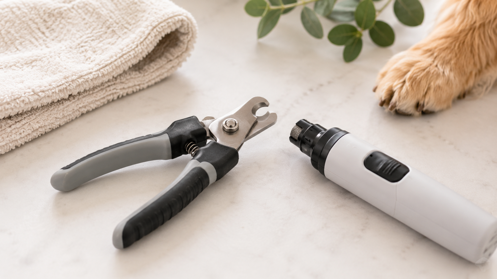 Puppy nail clippers and a nail grinder side by side, the two tools to trim puppy nails