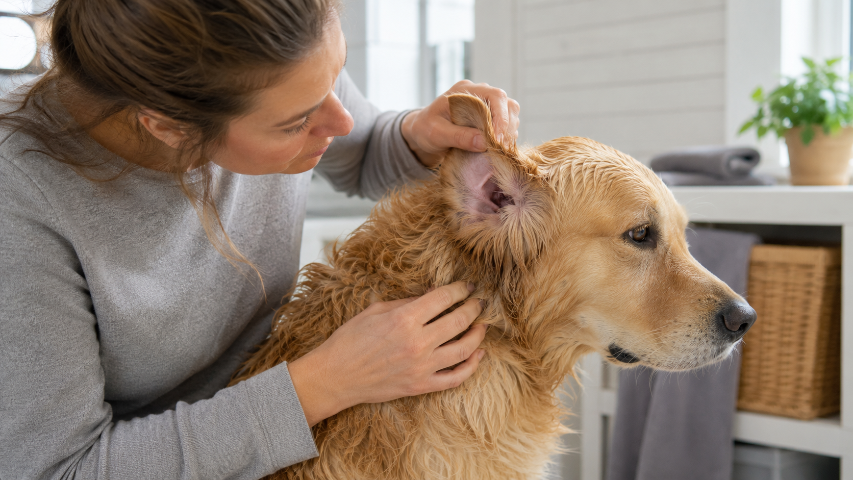 Owner checking a dog's coat and ears to find the cause of a smell after a bath