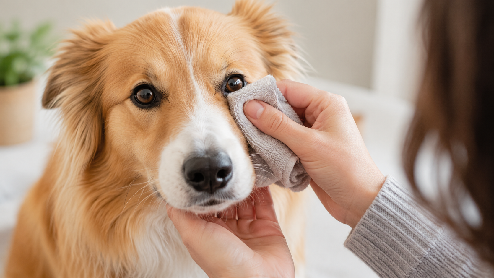 Wiping under a dog's eyes with a damp cloth as part of a daily tear-stain prevention routine