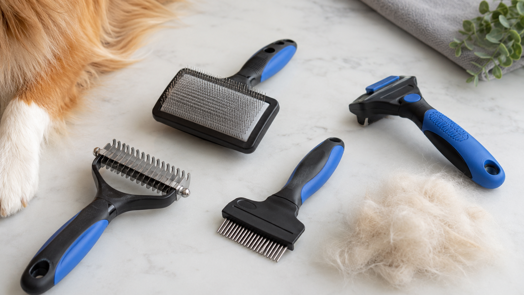 Undercoat rake and deshedding tools used to manage a dog blowing its coat