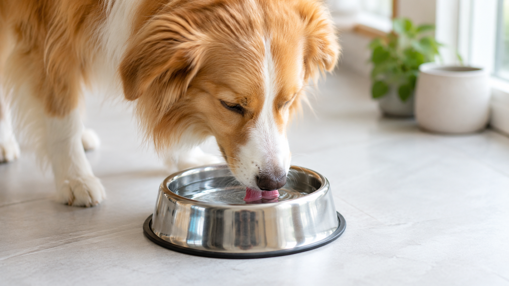 Dog drinking filtered water from a metal bowl, which can help prevent tear stains