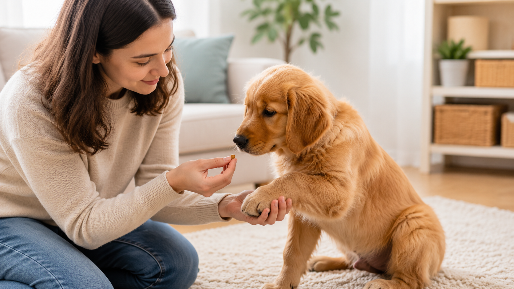 Owner touching a puppy's paw and rewarding with a treat to build calm nail-trim habits