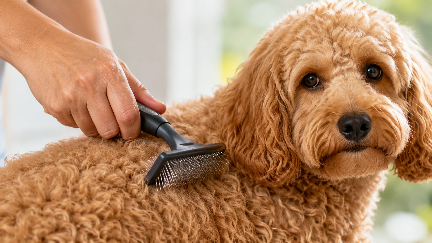 Slicker brush working through a curly-coated dog's coat to prevent matting