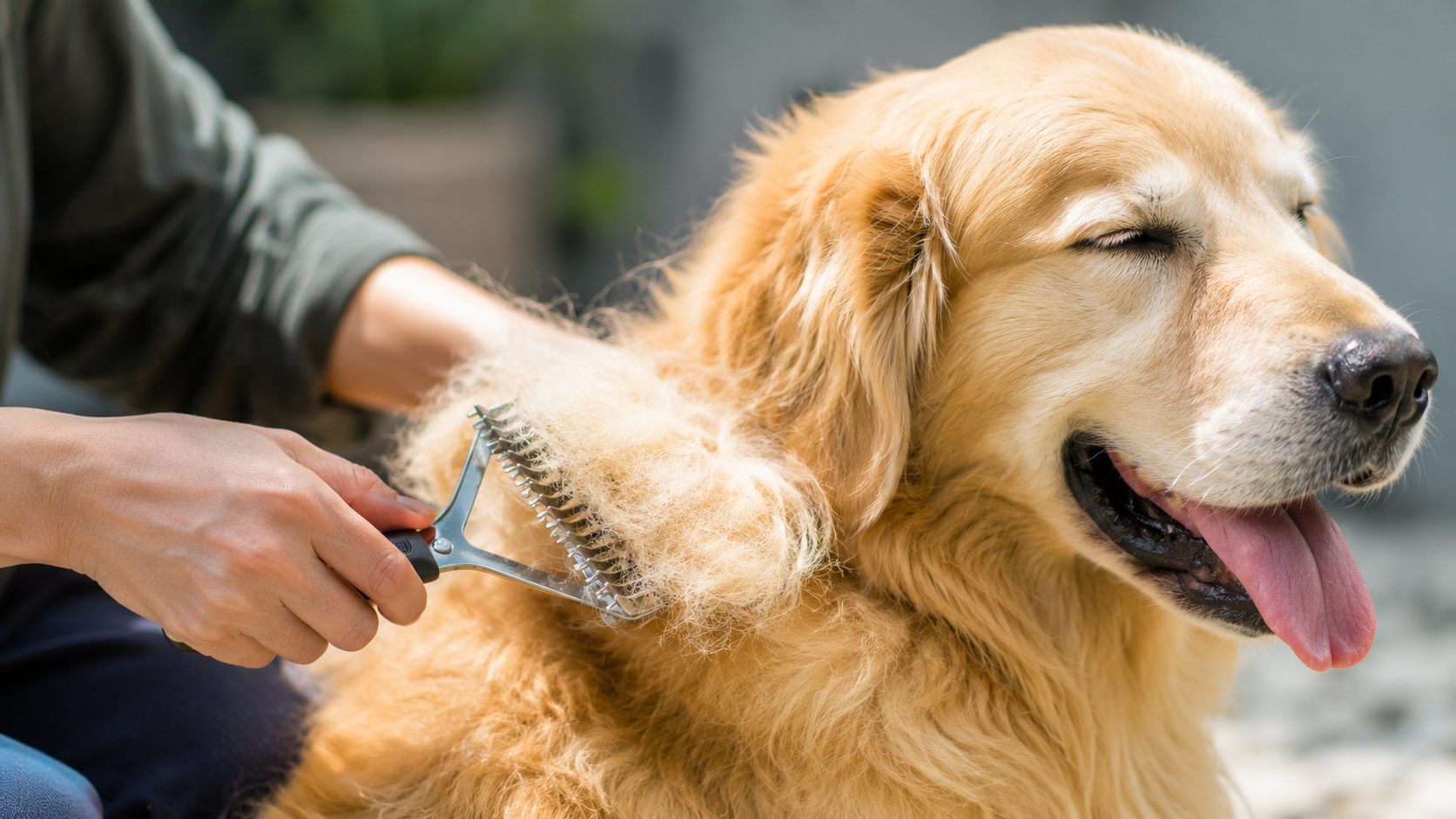 Undercoat rake lifting loose fur from a double-coated dog during deshedding