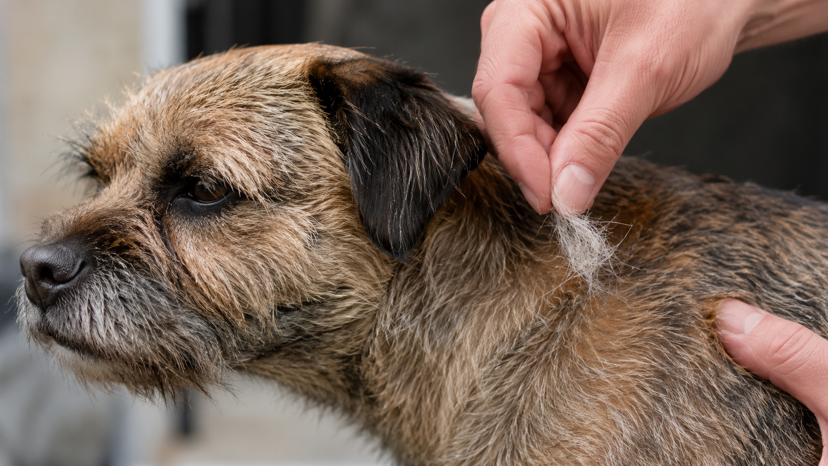 Hand-stripping dead hair from a wiry-coated terrier to keep the coat texture