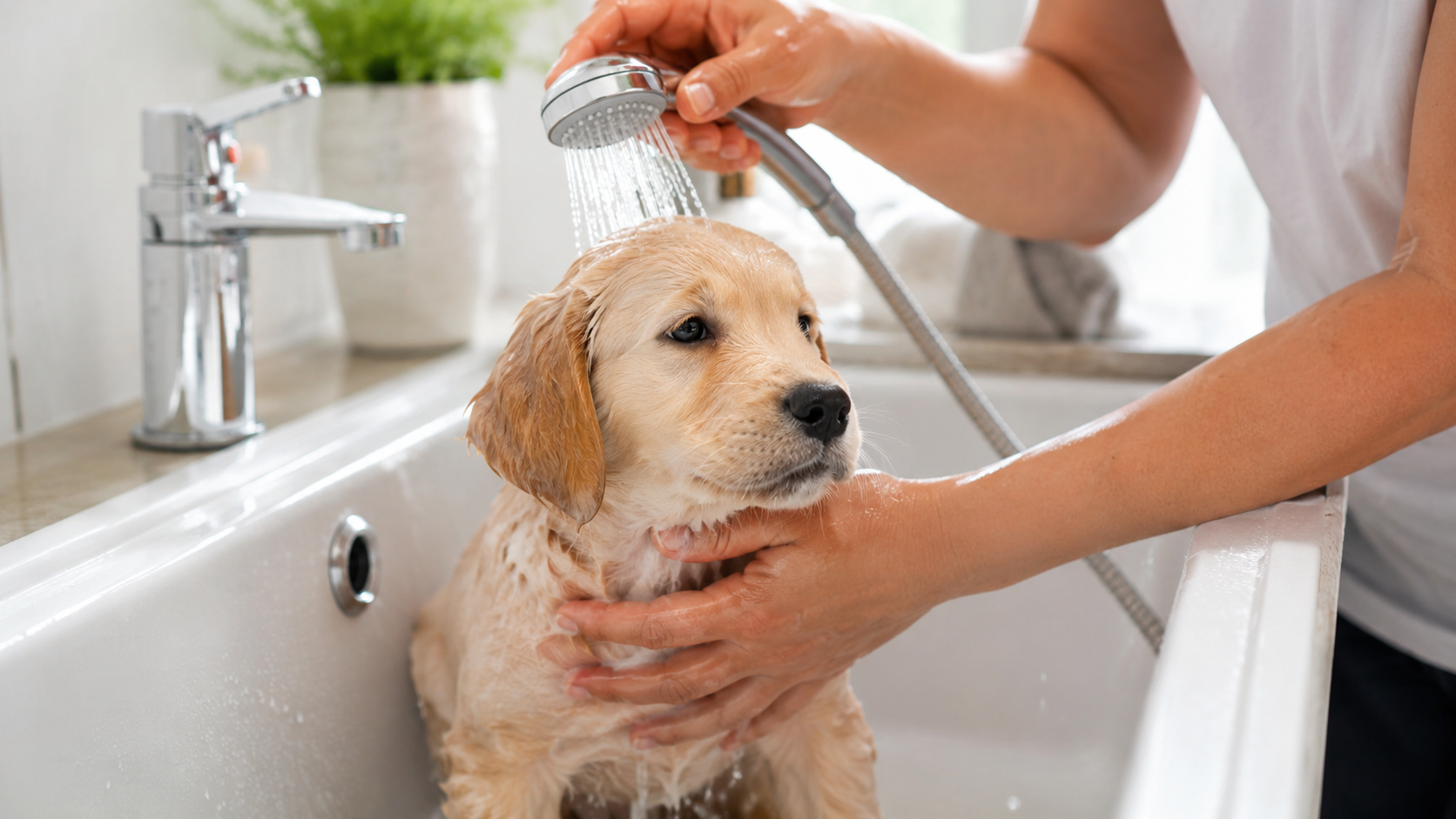 Owner rinsing shampoo from a calm puppy during a step-by-step bath