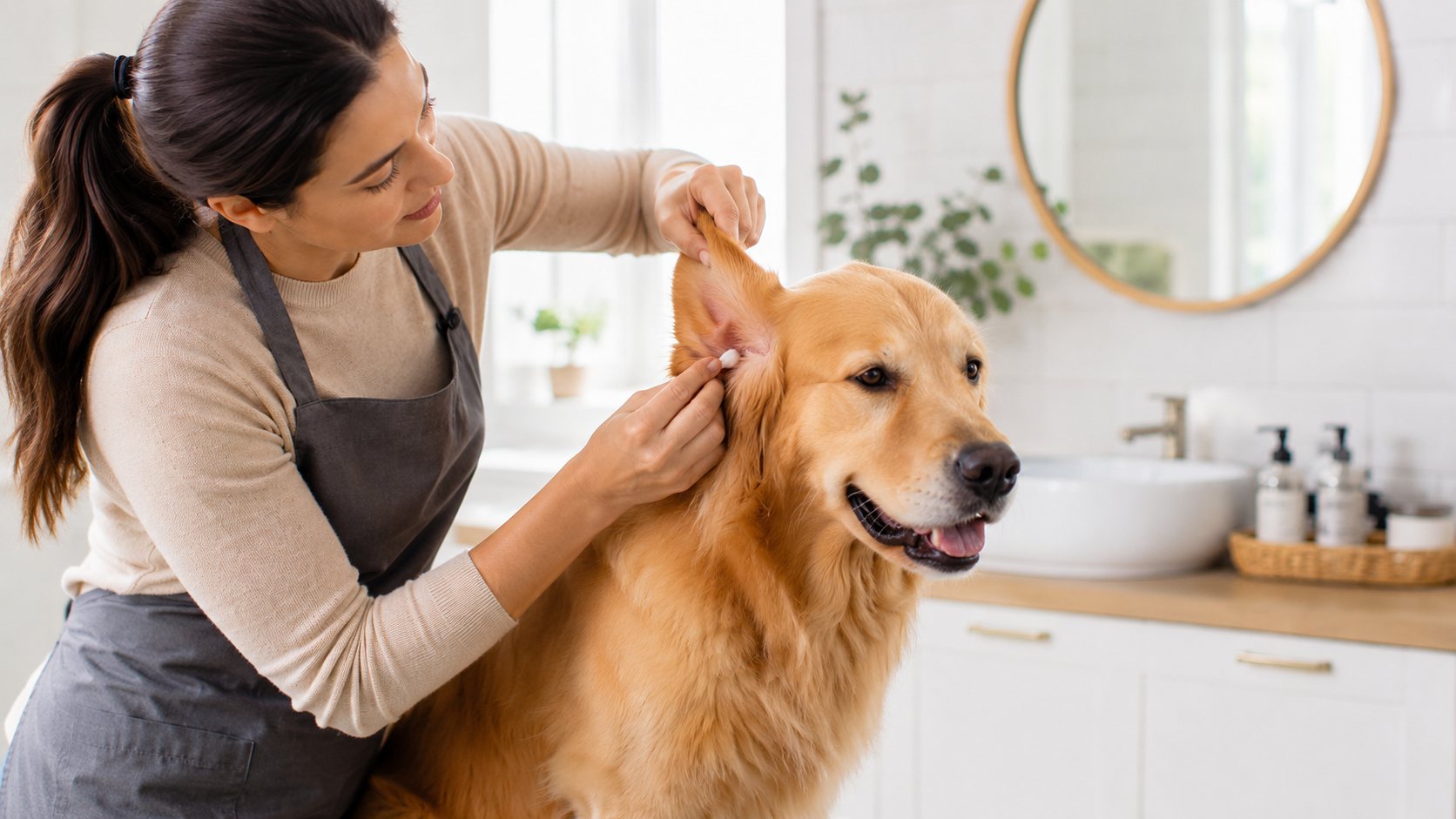 Owner massaging the base of a dog's ear while cleaning it step by step