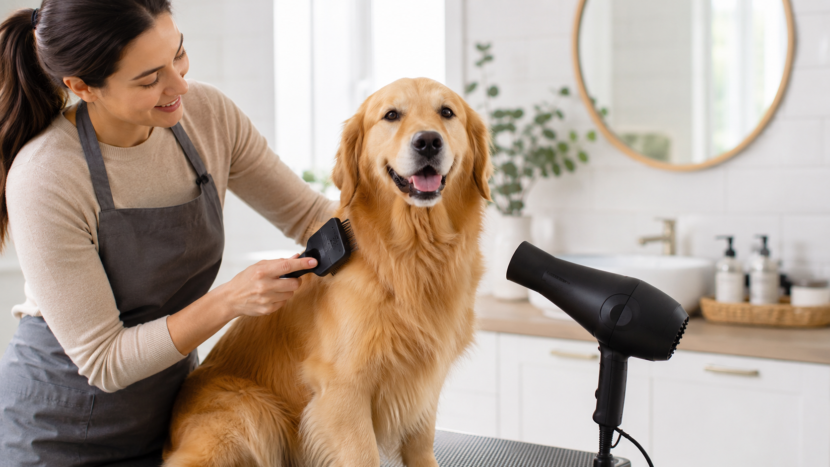 Owner brushing and drying a dog as part of a routine to keep it smelling fresh
