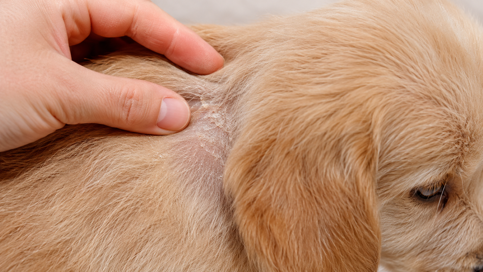 Close-up of a puppy's coat and skin showing dryness that can follow over-bathing