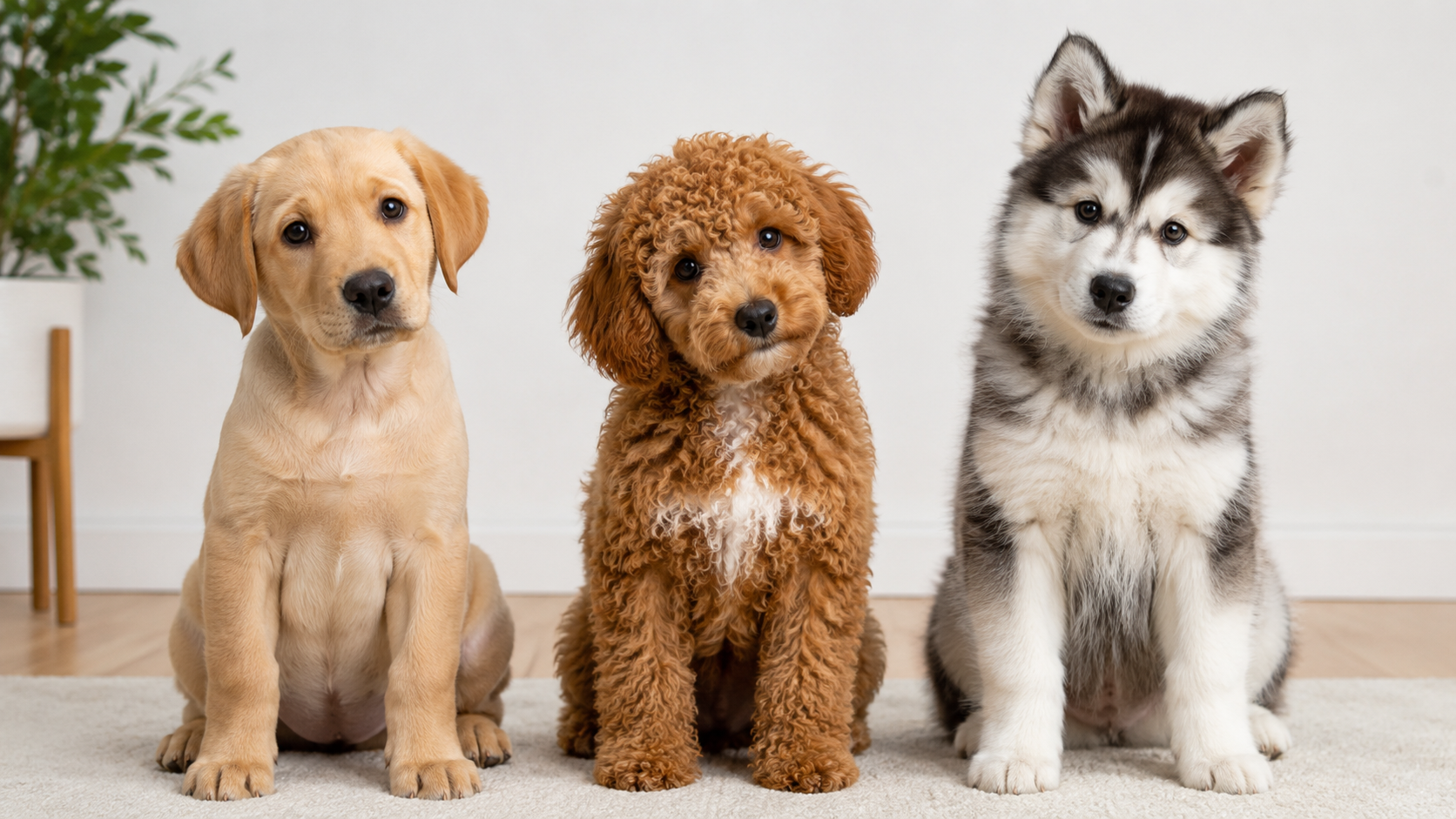 Short, curly and double-coated puppies shown together to compare bath frequency by coat type