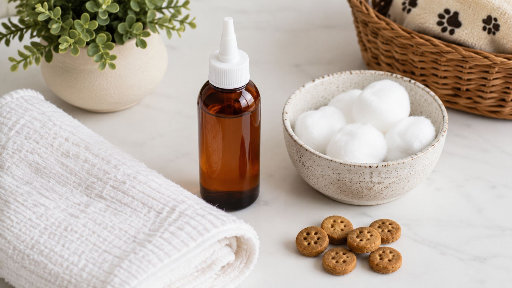 Dog ear cleaning solution, cotton wool and treats laid out ready to clean a dog's ears