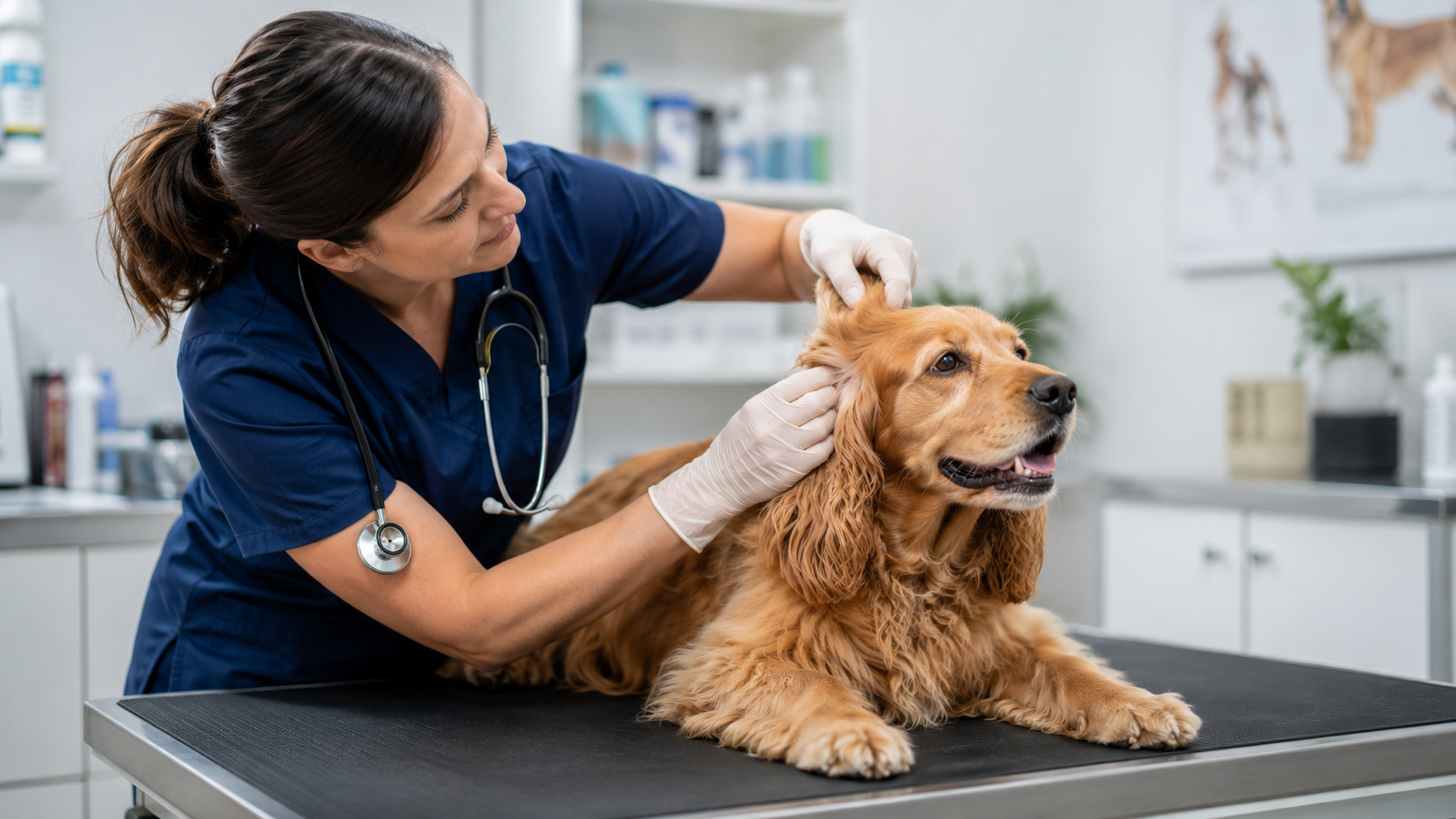 Vet examining a dog's skin and ears to investigate a persistent smell