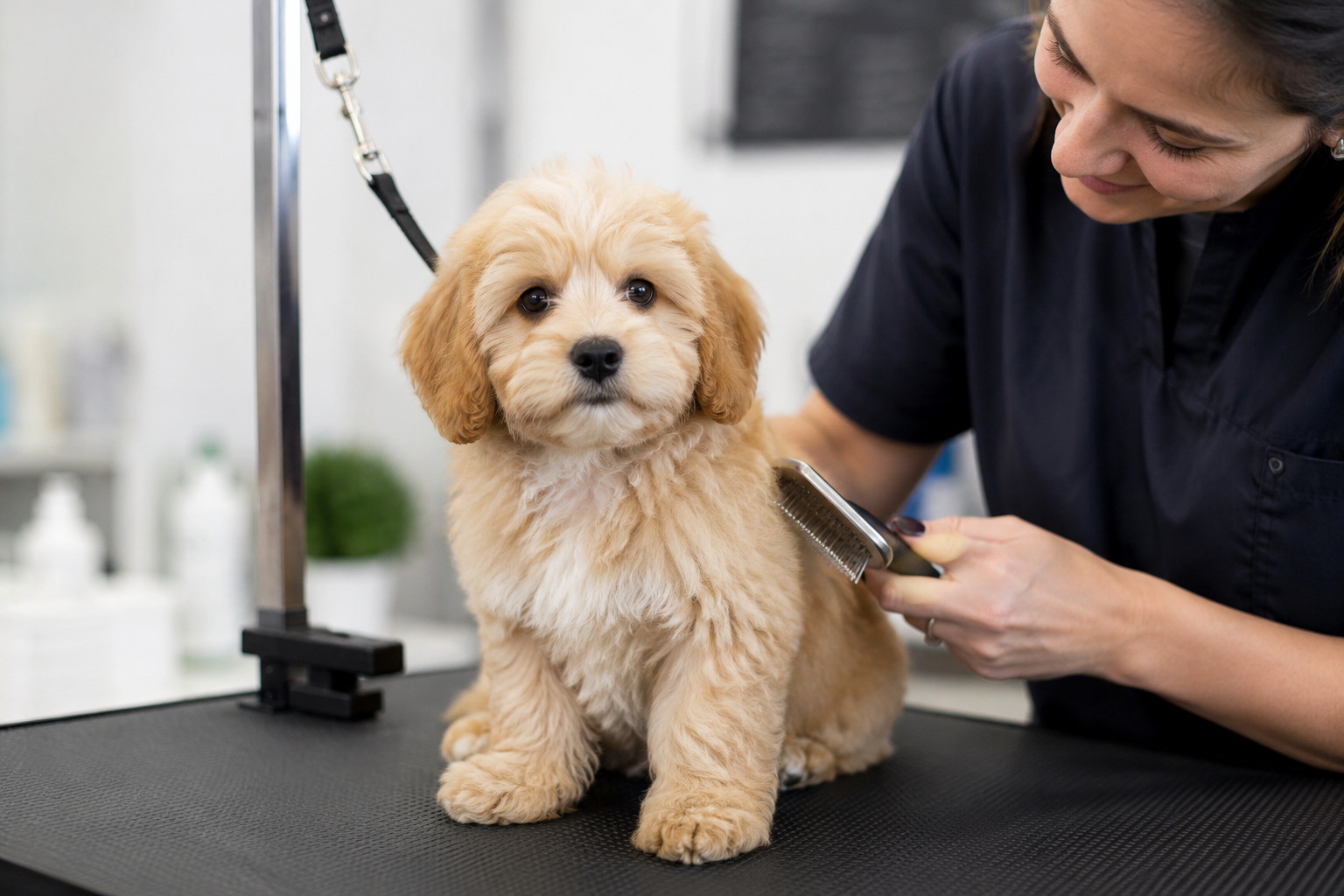 Young puppy staying calm during an early, gentle professional grooming visit