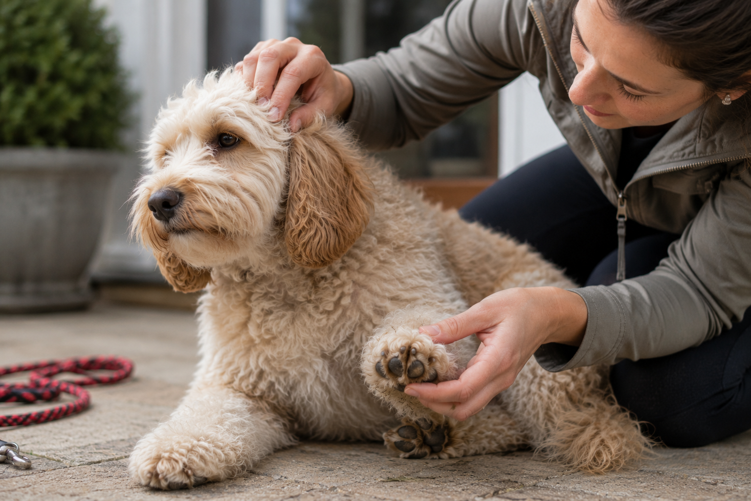 Owner checking a dog's coat and paws for ticks and grass seeds after a walk