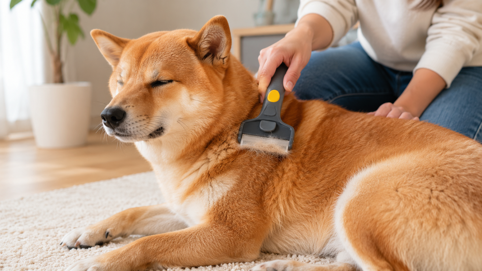 Using a deshedding tool on a short double-coated dog to manage shedding