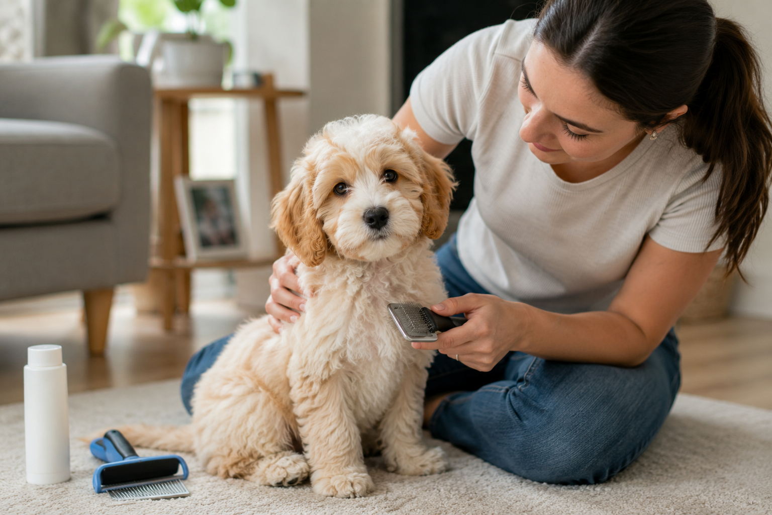Owner brushing a puppy at home between professional grooming visits