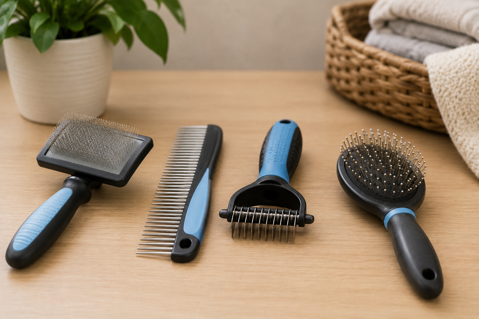 Slicker brush, wide-tooth comb, dematting comb and pin brush for grooming a long-haired dog