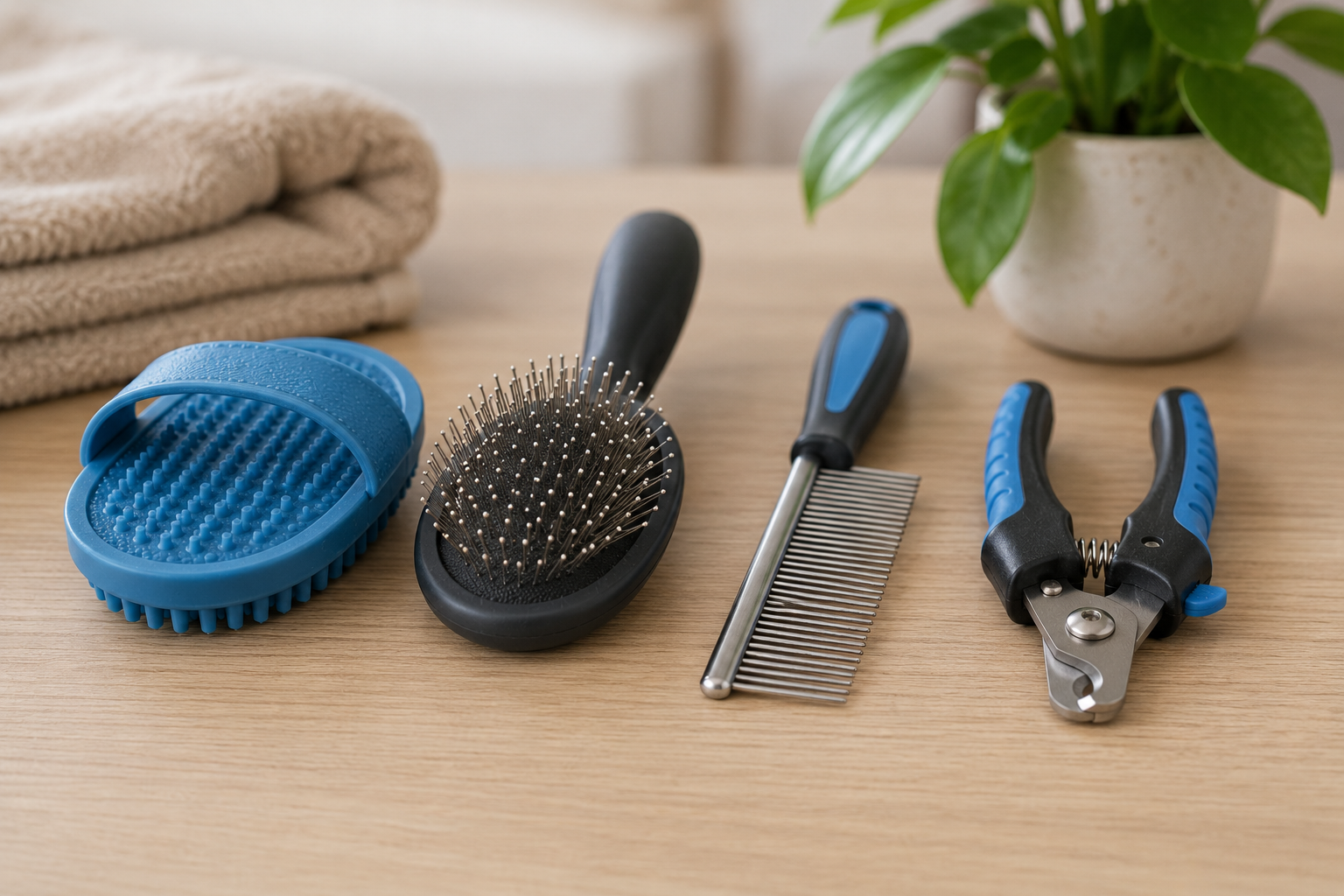 Rubber curry brush, bristle brush, comb and nail clippers for grooming a short-haired dog
