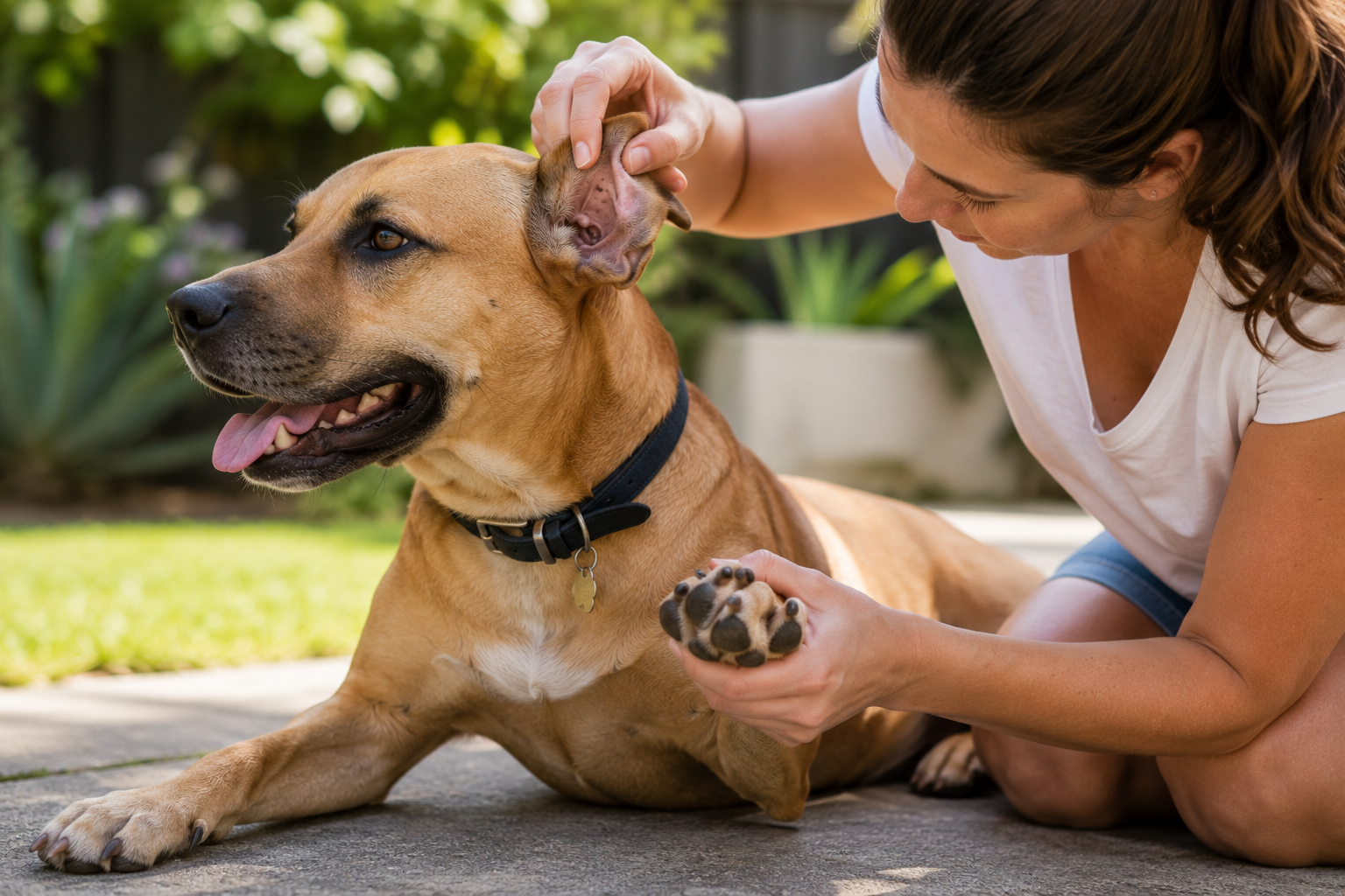 Checking a short-haired dog's skin and paws in summer for ticks and sun exposure