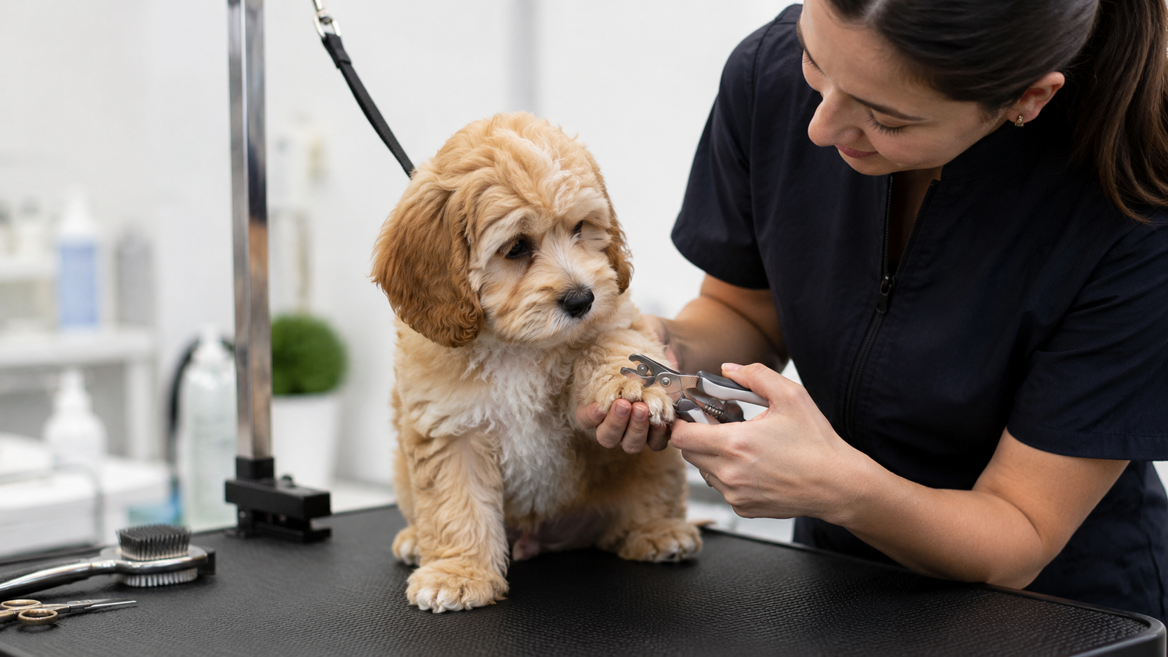 Groomer trimming a puppy's nails as part of a full puppy groom