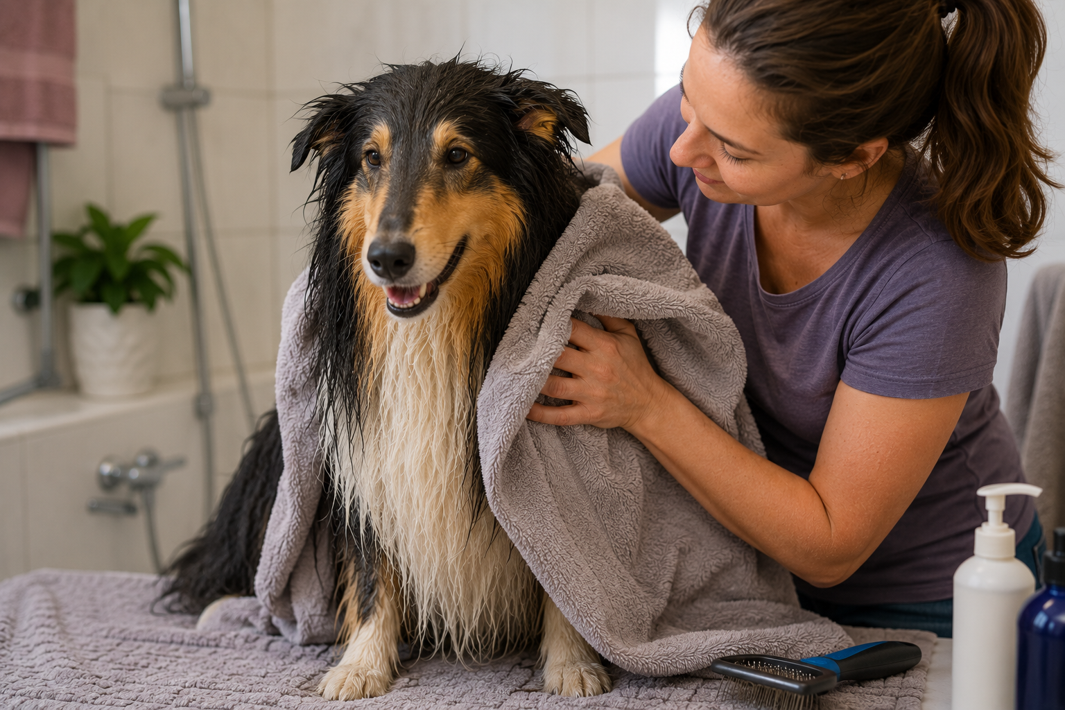 Towel press-drying a long-haired dog after a bath to prevent tangles
